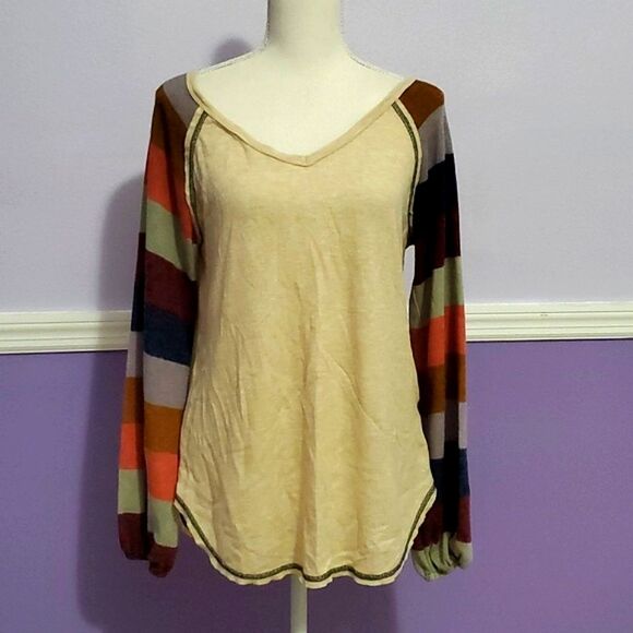 Twenty Ten Boho Trendy Tan & Striped Balloon Sleeves Flowy Waffle Sweater Top - Picture 1 of 9